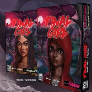 A board game titled "Final Girl: Once Upon a Full Moon" in bold red slasher font.  Below the title is a girl with dark skin in a red hood.  Her face sports a haunted expression and a myriad of  scratches.  Behind her are trees, a river with a bridge, and a cottage with low lights shining through the windows.  The whole scene is bathed in the light of a full moon hanging in a blood red sky. A board game titled "Final Girl: Once Upon a Full Moon" in bold red slasher font.  Below the title is a girl with dark skin in a red hood.  Her face sports a haunted expression and a myriad of  scratches.  Behind her are trees, a river with a bridge, and a cottage with low lights shining through the windows.  The whole scene is bathed in the light of a full moon hanging in a blood red sky.