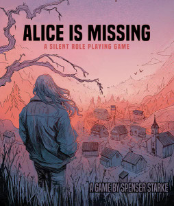 A board game titled "Alice is Missing" in black font across the top of the box. The artwork is drawn in delicate penwork that lends a haunting, bitter sweet emotion to the cover. The colors are a wash of sunset purples and oranges over a small town ringed in an evergreen and coniferous forest cradled in a valley. In the foreground stands a girl with her back to the viewer, Alice, wearing an oversized jacket and jeans. Her long hair trailing in a breeze. Above her hang crooked, naked branches of a knotted tree, and she stands in a field of tall grass atop a hill that overlooks the small town. A board game titled "Alice is Missing" in black font across the top of the box. The artwork is drawn in delicate penwork that lends a haunting, bitter sweet emotion to the cover. The colors are a wash of sunset purples and oranges over a small town ringed in an evergreen and coniferous forest cradled in a valley. In the foreground stands a girl with her back to the viewer, Alice, wearing an oversized jacket and jeans. Her long hair trailing in a breeze. Above her hang crooked, naked branches of a knotted tree, and she stands in a field of tall grass atop a hill that overlooks the small town.