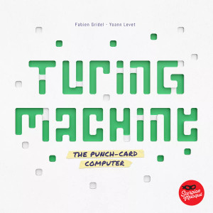A board game titled "Turing Machine" in green font styled to replicate the punched out sections of cards that help to run the analog computer in the game.  The background is white and also has punched out holes.