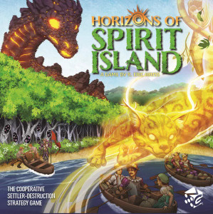 Board game box featuring game title and boats going down a river surrounded by a spiritual cat and a dragon of stone.