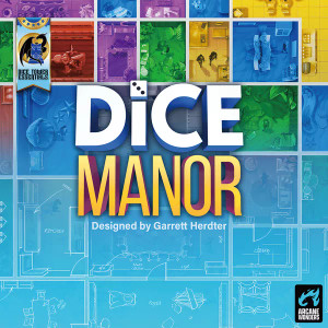 Board game box featuring game title and various colored rooms fading into a blueprint of "dice manor." Board game box featuring game title and various colored rooms fading into a blueprint of "dice manor."