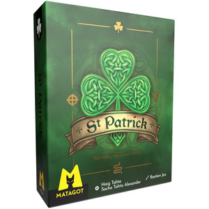 A card game titled "St. Patrick" in a gothic, pointy font atop a cream colored banner with two green stripes and crosses on either side of the title. Above and behind it is a green three leafed clover made of Celtic knotwork.  The background is a deep, forest green in  a splotchy layer like it was unevenly dyed.  Around the title and clover is a gold border of lines broken up by depictions of another clover, a cross in a circle, and a lyre in the middle of the lines. A card game titled "St. Patrick" in a gothic, pointy font atop a cream colored banner with two green stripes and crosses on either side of the title. Above and behind it is a green three leafed clover made of Celtic knotwork.  The background is a deep, forest green in  a splotchy layer like it was unevenly dyed.  Around the title and clover is a gold border of lines broken up by depictions of another clover, a cross in a circle, and a lyre in the middle of the lines.