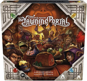 A board game titled "The Yawning Portal" in a white font where the first and last letters extend underneath to form a swirly underline.  The art of the box is a scene of a rowdy, medieval-style inn with fantasy beings of all shapes, sizes, genders and colors.  In the center of the foreground is a table with a large, plated hunk of meat.  People lift flaggons, and a barkeep in the back carries more drinks to a customer.  Behind them is a fireplace designed to look like a large face with the fire blazing in the long, open mouth.