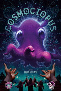 A board game titled "Cosmoctopus" in an arch above the depiction of a cosmic horror in the form of a floating, tentacled monster: a purple octopus that looks like a Dumbo Octopus due to two fins located high on its head that resemble large, flapping ears.  It has big, shiny eyes that regard the veiwer kindly as it reaches a tentacle toward them.  Below them is a circle of robed figures that stand under the constellations of the Inky Realm.  The viewer is included, as two hands extend from a first person point of view in worship.