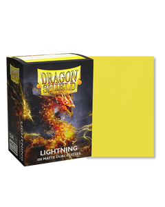 Dragon shield box featuring art of a dragon made of lightning. To the right of the box is a sample sleeve showcasing the color. Dragon shield box featuring art of a dragon made of lightning. To the right of the box is a sample sleeve showcasing the color.