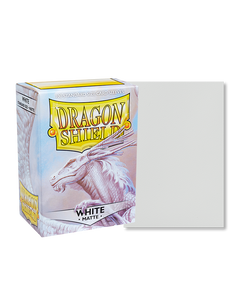 Dragon shield sleeve box featuring art of a friendly looking white dragon. To the right of the box is a sample sleeve showcasing the pure white sleeve color. Dragon shield sleeve box featuring art of a friendly looking white dragon. To the right of the box is a sample sleeve showcasing the pure white sleeve color.