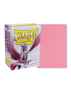 Dragon shield sleeve box featuring art of a pink feathered dragon flying in the air. To the right of the box is a sample sleeve showcasing the pink sleeve color. Dragon shield sleeve box featuring art of a pink feathered dragon flying in the air. To the right of the box is a sample sleeve showcasing the pink sleeve color.