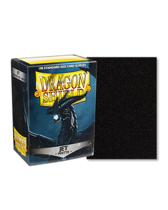 Dragon shield sleeve box featuring art of a futuristic machine dragon charging up a laser. To the right of the box is a sample sleeve showcasing the jet black sleeve color. Dragon shield sleeve box featuring art of a futuristic machine dragon charging up a laser. To the right of the box is a sample sleeve showcasing the jet black sleeve color.