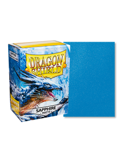 Dragon shield sleeve box featuring art of an angry sapphire dragon roaring. To the right of the box is a sample sleeve showcasing the sapphire blue sleeve color. Dragon shield sleeve box featuring art of an angry sapphire dragon roaring. To the right of the box is a sample sleeve showcasing the sapphire blue sleeve color.