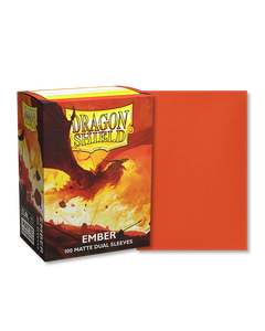 Dragon shield sleeve box featuring art of a soldier riding an orange dragon as it spews fire on a battlefield. To the right of the box is a sample sleeve showcasing the orange sleeve color.
