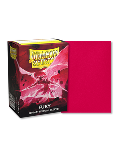 Dragon shield sleeve box featuring art of a dragon warrior in flames. To the right of the box is a sample sleeve showcasing the red color. Dragon shield sleeve box featuring art of a dragon warrior in flames. To the right of the box is a sample sleeve showcasing the red color.