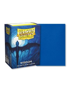 Dragon shield sleeve box featuring the silhouette of a blue dragon flying in the blue sky. To the right of the box is a sample sleeve showcasing the dark blue color. Dragon shield sleeve box featuring the silhouette of a blue dragon flying in the blue sky. To the right of the box is a sample sleeve showcasing the dark blue color.