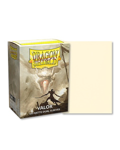 Dragon shield sleeve box featuring art of a fierce white dragon flying towards a lone soldier. To the right of the box is a sample sleeve showcasing the cream colored sleeve. Dragon shield sleeve box featuring art of a fierce white dragon flying towards a lone soldier. To the right of the box is a sample sleeve showcasing the cream colored sleeve.
