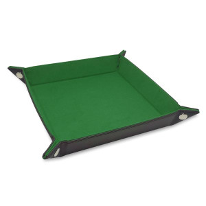 Square dice tray with an "LX" leatherette exterior and green faux suede interior. Square dice tray with an "LX" leatherette exterior and green faux suede interior.