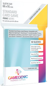 Plastic Gamegenic card sleeve packaging displaying various key features of the sleeve and games that it is compatible with. Sleeve color code is grey. Plastic Gamegenic card sleeve packaging displaying various key features of the sleeve and games that it is compatible with. Sleeve color code is grey.