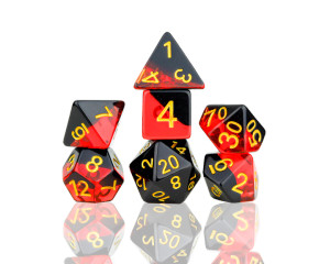 A full set of Sirius Dice with layered black and red resin.