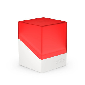 Closed ultimate guard deck box with a red lid and white base.