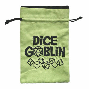 Green dice bag with an embroidered image of a set of dice and text that reads 
"Dice Goblin" by Black Oak Workshop.