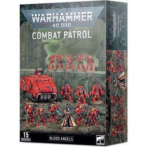 Warhammer 40,000 box featuring an image of 15 fully painted Blood Angels miniatures on a rocky surface and metal bridge. Warhammer 40,000 box featuring an image of 15 fully painted Blood Angels miniatures on a rocky surface and metal bridge.