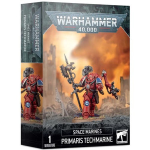 Warhammer 40,000 box featuring an image of a fully painted Primaris Techmarine miniature on a rocky surface. Warhammer 40,000 box featuring an image of a fully painted Primaris Techmarine miniature on a rocky surface.