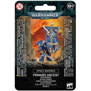 Warhammer 40,000 hang tag featuring an image of a fully painted Primaris Ancient holding a banner. Warhammer 40,000 hang tag featuring an image of a fully painted Primaris Ancient holding a banner.