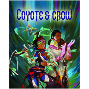 An RPG book titled "Coyote & Crow in large, navy blue,  futuristically stylized font at the top of the cover.  Below are two primary figures.  Both have dark hair and mid-toned skin.  One presents femininely and has the sides of their head shaved, as well as a red streak through the front of their hair.  They are dressed in a black, white, and blue suit without sleeves and sporting many decorative, patterned belts about their waist.  One of their eyes has a green lens piece across it, and they have large earrings in matching colors to their clothes.  Down their arms are glowing green markings in intricate patterns, and they wield a bow and arrow with seemingly no string or center, floating instead on glowing energy.  The other figure presents more masculinely and has long hair tied back in a low ponytail, white clothes with a high collar, and orange accents.  Their arms glow purple and they motion their hands as if mid-spell.  They also have large earrings, theirs being red and turquoise, and do not seem to carry a weapon.