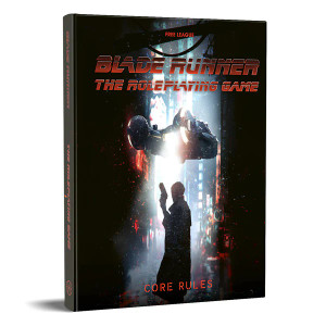 An RPG titled "Blade Runner RPG: Core Rulebook" in large, red, futuristic font at the top of the cover. The art below depicts a dark scene with a sliver of light down the middle that reveals an alley looking out into the streets of a high-tech city. The street is wet and misty, the buildings a contrast of slate-colored walls and the flash of neons, and just below the title hovers a craft with round engines and a bright light shining down on a figure in the foreground. In the middle of this shaft of light stands the silhouette of someone with short hair, a long trench coat, and what looks like a chunky 10 mm poised at the ready. An RPG titled "Blade Runner RPG: Core Rulebook" in large, red, futuristic font at the top of the cover. The art below depicts a dark scene with a sliver of light down the middle that reveals an alley looking out into the streets of a high-tech city. The street is wet and misty, the buildings a contrast of slate-colored walls and the flash of neons, and just below the title hovers a craft with round engines and a bright light shining down on a figure in the foreground. In the middle of this shaft of light stands the silhouette of someone with short hair, a long trench coat, and what looks like a chunky 10 mm poised at the ready.