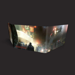 A GM Screen for the Blade Runner RPG. On the visible outside is a panoramic piece of art that spreads across the three evenly-sized, rectangular panels of the screen. The art depicts a scene from the streets of Los Angeles as the series imagines it would look in the year 2037. On one panel, a hover craft flies overhead with large, round engines and a car-like body. The next has a shot of overhead market signs that glow above a silhouette with short-cropped hair and a a long coat. The third panel is obscured by the curve of the open screen, but seems to continue the scene. A GM Screen for the Blade Runner RPG. On the visible outside is a panoramic piece of art that spreads across the three evenly-sized, rectangular panels of the screen. The art depicts a scene from the streets of Los Angeles as the series imagines it would look in the year 2037. On one panel, a hover craft flies overhead with large, round engines and a car-like body. The next has a shot of overhead market signs that glow above a silhouette with short-cropped hair and a a long coat. The third panel is obscured by the curve of the open screen, but seems to continue the scene.