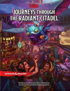 An RPG book titled "Journeys Through the Radiant Citadel" in large white font at the top of the cover. Below it is a scene from a busy open-air market. Just below the title flies a blue, lemur-like creature with a set of bat wings on its wings, large green eyes, and small, frightened pupils. It clutches an armful of small fruits that it drops a few of in its haste to make off with them. Below, a woman with tan skin and long, dark hair reaches up to catch the fallen fruits, a look of amused delight on her face. Her friend giggles beside her. The market is filled with tented stalls and glowing magic signs. Merchants sell potions, trinkets, and food, reaching hands out to passersby for their attention. An RPG book titled "Journeys Through the Radiant Citadel" in large white font at the top of the cover. Below it is a scene from a busy open-air market. Just below the title flies a blue, lemur-like creature with a set of bat wings on its wings, large green eyes, and small, frightened pupils. It clutches an armful of small fruits that it drops a few of in its haste to make off with them. Below, a woman with tan skin and long, dark hair reaches up to catch the fallen fruits, a look of amused delight on her face. Her friend giggles beside her. The market is filled with tented stalls and glowing magic signs. Merchants sell potions, trinkets, and food, reaching hands out to passersby for their attention.