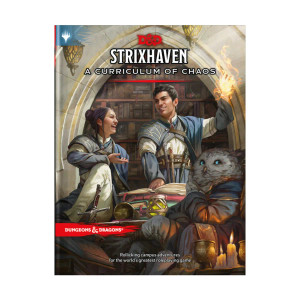 An RPG book titled "Strixhaven: A Curriculum of Chaos" in white font at the top of the cover.  The art below depicts three students in matching blue and white robes that socialize in Strixhaven's library.  The figure closest to the viewer is a bipedal owl person with pale grey and white feathers and two protruding clumps of feathers atop their head like ears or horns.  The sit in a high-backed chair at a desk covered in various bound books and knickknacks.  On the other side of the desk are two pale skinned humans with dark hair, one feminine, one masculine.  They are both smiling, seemingly mid conversation.  The masculine human has one hand raised, a fire spell blazing across it.  Behind them is a pointed arch that reveals rows of books.