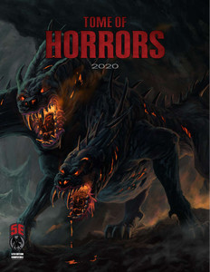 An RPG book titled "D&D 5E: Tome of Horrors 2020" in bold red letters at the top of the cover. The art depicts a large canid with black skin and three heads, each with fiery maws stretched and straining forward toward the foreground. Behind the Cerberus is a stony, desolate scene that can be assumed to be a section of the Underworld, the traditional native environment for puppies of his kind. An RPG book titled "D&D 5E: Tome of Horrors 2020" in bold red letters at the top of the cover. The art depicts a large canid with black skin and three heads, each with fiery maws stretched and straining forward toward the foreground. Behind the Cerberus is a stony, desolate scene that can be assumed to be a section of the Underworld, the traditional native environment for puppies of his kind.