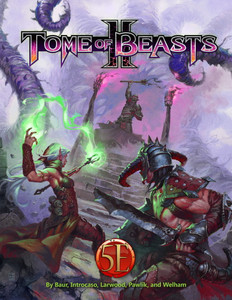 A hardcover RPG book titled "Tome of Beasts II." The art on the cover is a scene of two party members in the foreground fighting an undead being that has summoned what seem to be spiked, purple tentacles behind them. The first party member is fem presenting with long, white hair pulled away from their face, pointed ears, and fair skin. They brandish a scepter and a glowing green energy ball in their hands. Their companion is more masculine in presentation and is clad in metal and leather armor with gaps that make it rather unfit for battle. It is covered in studs and spikes, and he holds a short, jagged blade. The lich before them is up a flight of stone stairs and their summoned or otherwise enthralled beast is shrouded in mist. A hardcover RPG book titled "Tome of Beasts II." The art on the cover is a scene of two party members in the foreground fighting an undead being that has summoned what seem to be spiked, purple tentacles behind them. The first party member is fem presenting with long, white hair pulled away from their face, pointed ears, and fair skin. They brandish a scepter and a glowing green energy ball in their hands. Their companion is more masculine in presentation and is clad in metal and leather armor with gaps that make it rather unfit for battle. It is covered in studs and spikes, and he holds a short, jagged blade. The lich before them is up a flight of stone stairs and their summoned or otherwise enthralled beast is shrouded in mist.