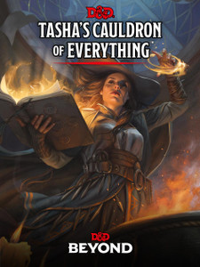 An RPG book titled "Dungeons and Dragons RPG: Tasha's Cauldron of Everything" in bold white font underlined in red. The art below the title depicts a wizard with light skin illuminated by a glowing gold spell that leaps from a grimoire in her hands. her hair is long and brown, and her garb is a traditional set of grey and blue wizard clothing, complete with a tall pointy hat and flowing cloak. Below her is a cauldron burbling furiously and behind her is a room with a vaulted ceiling, a glass dome with intricate glass panes revealing a deep blue sky. An RPG book titled "Dungeons and Dragons RPG: Tasha's Cauldron of Everything" in bold white font underlined in red. The art below the title depicts a wizard with light skin illuminated by a glowing gold spell that leaps from a grimoire in her hands. her hair is long and brown, and her garb is a traditional set of grey and blue wizard clothing, complete with a tall pointy hat and flowing cloak. Below her is a cauldron burbling furiously and behind her is a room with a vaulted ceiling, a glass dome with intricate glass panes revealing a deep blue sky.