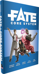 RPG Book titled "Fate Core System" in white text on a blue background, with a man in a suit and tie with a gun throwing a purple ball of light, a young cloaked girl holding a sword, and a fighting gorilla with a robotic arm- we don't know how strong a gorilla is! RPG Book titled "Fate Core System" in white text on a blue background, with a man in a suit and tie with a gun throwing a purple ball of light, a young cloaked girl holding a sword, and a fighting gorilla with a robotic arm- we don't know how strong a gorilla is!