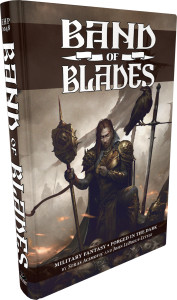 Band of Blades book cover featuring a battered soldier with golden armor kneeling on a mound of corpses with a crow perched on a greatsword. Band of Blades book cover featuring a battered soldier with golden armor kneeling on a mound of corpses with a crow perched on a greatsword.