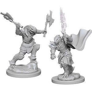 Two unpainted Female Dragonborn Fighter miniatures on a white background. Two unpainted Female Dragonborn Fighter miniatures on a white background.