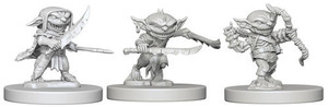 Three unpainted Goblin miniatures on a white background. Three unpainted Goblin miniatures on a white background.