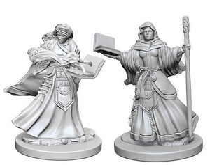 Two unpainted Female Human Wizard miniatures on a white background.