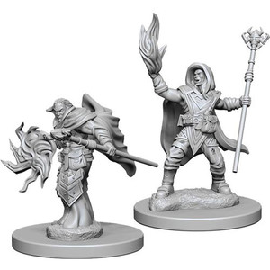 Two unpainted Male Elf Wizard miniatures on a white background. Two unpainted Male Elf Wizard miniatures on a white background.