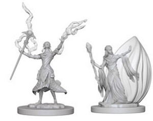 Two unpainted Female Elf Wizard miniatures on a white background. Two unpainted Female Elf Wizard miniatures on a white background.