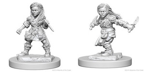 Two unpainted Female Halfling Rogue miniatures on a white background. Two unpainted Female Halfling Rogue miniatures on a white background.