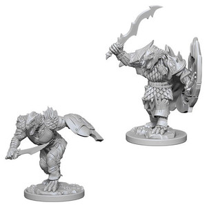 Two unpainted Male Dragonborn Fighter miniatures on a white background. Two unpainted Male Dragonborn Fighter miniatures on a white background.
