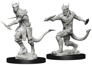 Two unpainted Male Tiefling Rogue miniatures on a white background. Two unpainted Male Tiefling Rogue miniatures on a white background.
