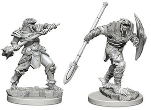 Two unpainted Dragonborn Fighter with Spear miniatures on a white background.