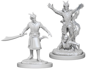 Two unpainted Male Tiefling Warlock miniatures on a white background. Two unpainted Male Tiefling Warlock miniatures on a white background.
