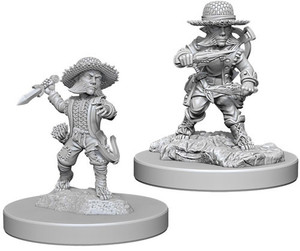Two unpainted Male Halfling Rogue miniatures on a white background. Two unpainted Male Halfling Rogue miniatures on a white background.