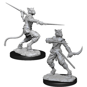 Two unpainted Male Tabaxi Rogue miniatures on a white background. Two unpainted Male Tabaxi Rogue miniatures on a white background.