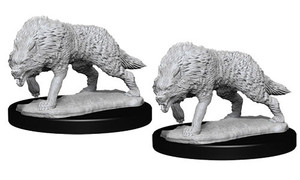 Two unpainted Timber Wolf miniatures on a white background. Two unpainted Timber Wolf miniatures on a white background.