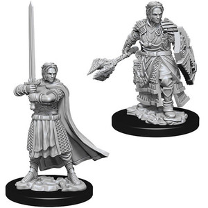Two unpainted Male Human Cleric miniatures on a white background. The one on the left is wielding a sword and the one on the right is wielding a mace and shield.