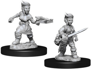 Two unpainted Female Halfling Rogue miniatures on a white background. The one on the left is wielding a crossbow and the one on the right is wielding a sword. Two unpainted Female Halfling Rogue miniatures on a white background. The one on the left is wielding a crossbow and the one on the right is wielding a sword.